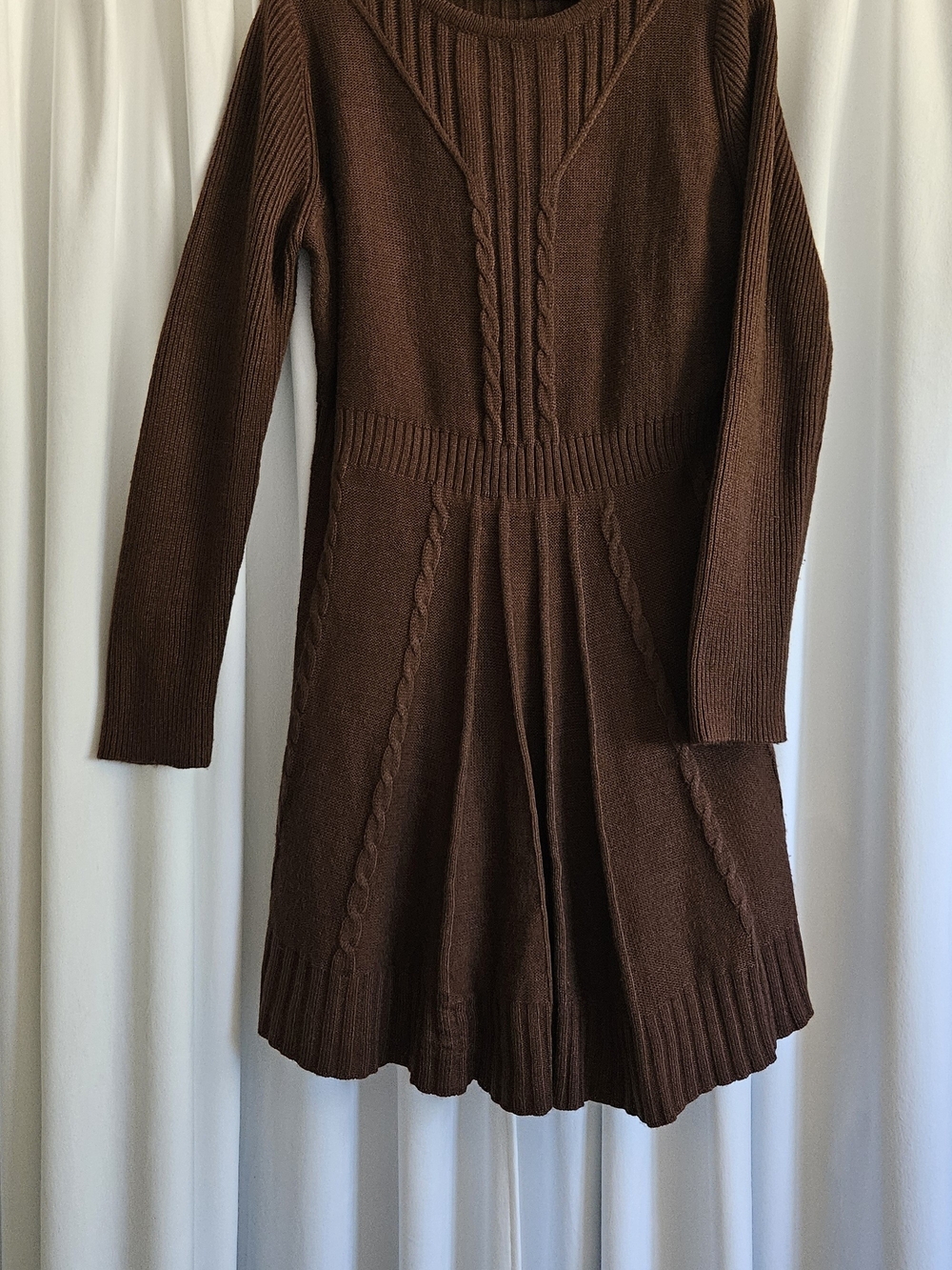 Brown Cable-Knit Long Sleeve Sweater Skater Dress